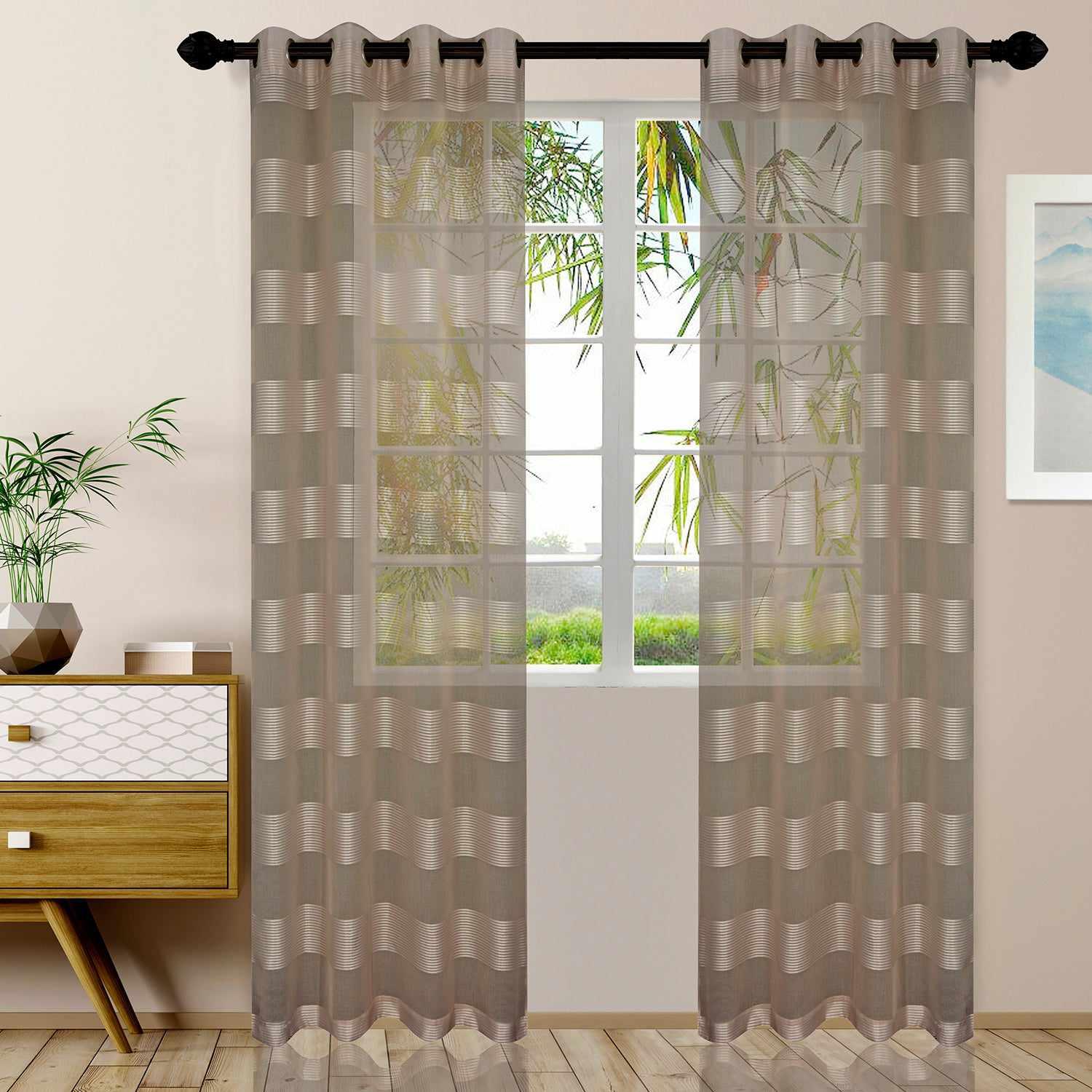 Dalisto Stripes 2-Piece Grommet Sheer Curtain Panel Set - Ecru