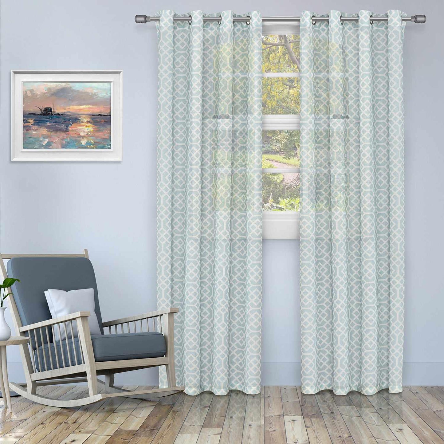 Geometric Semi Sheer 2-Piece Curtain Panel Set - Cyan