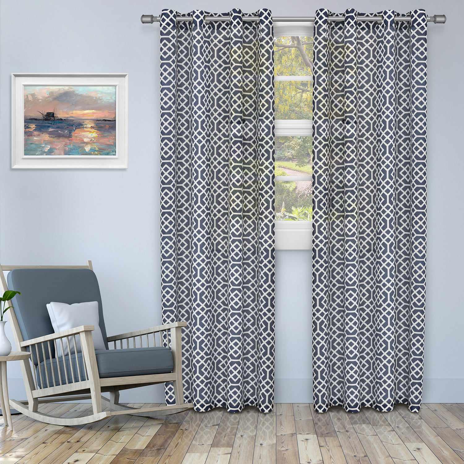 Geometric Semi Sheer 2-Piece Curtain Panel Set - Navy Blue