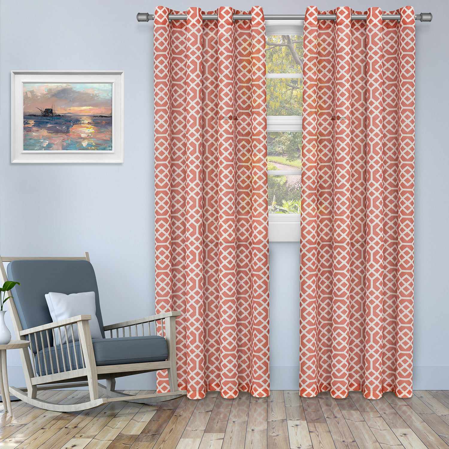 Geometric Semi Sheer 2-Piece Curtain Panel Set - Rust