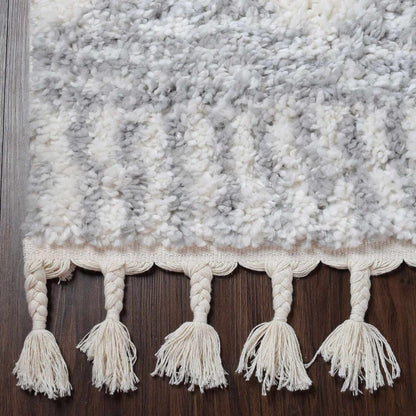  Superior Bohemian Geometric Indoor Plush Shag Area Rug with Tassels - Grey-Cream