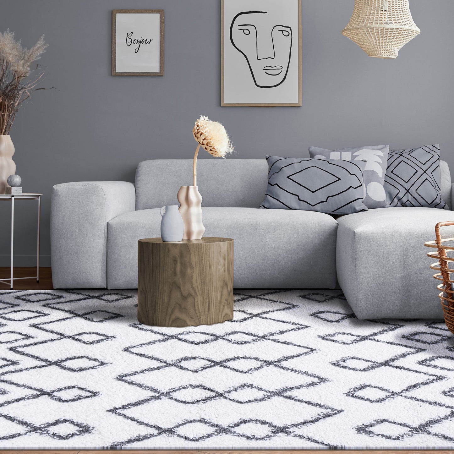 Superior Boho Geometric Diamonds Indoor Plush Shag Area Rug - Black-Cream