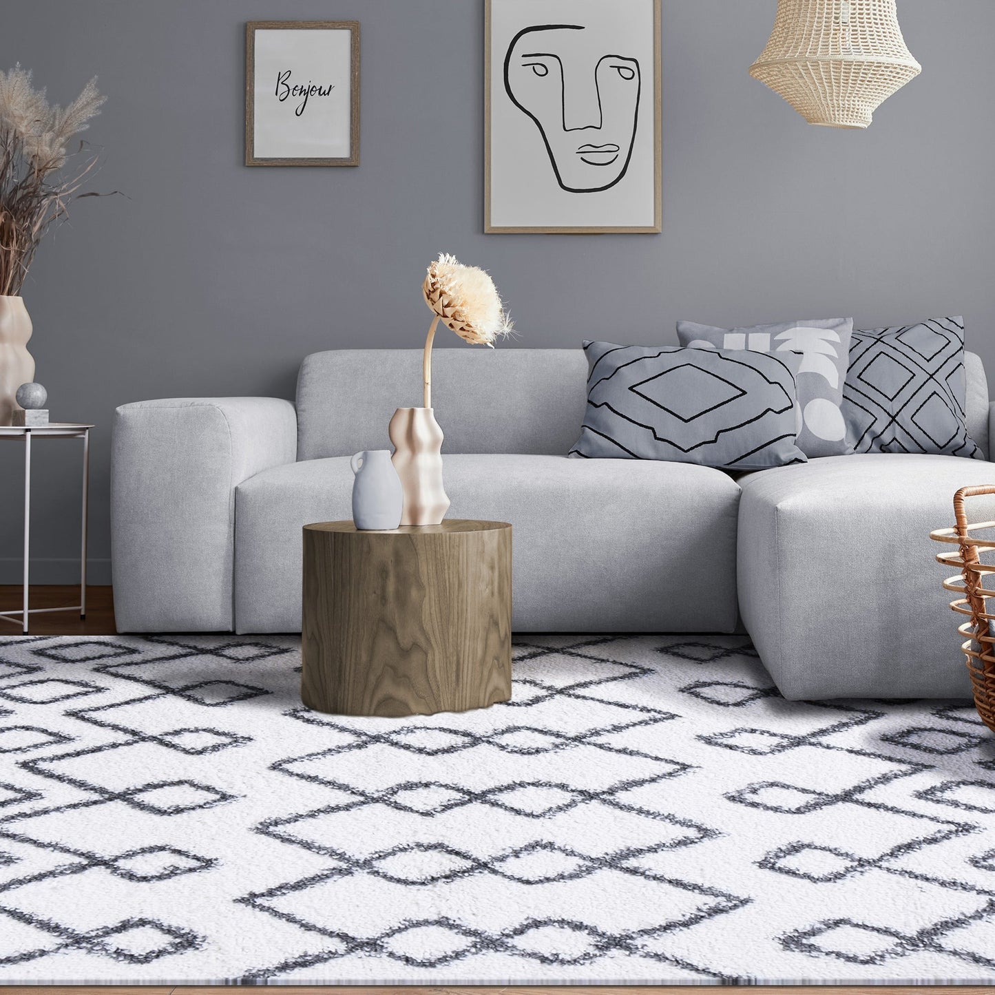 Superior Boho Geometric Diamonds Indoor Plush Shag Area Rug - Black-Cream