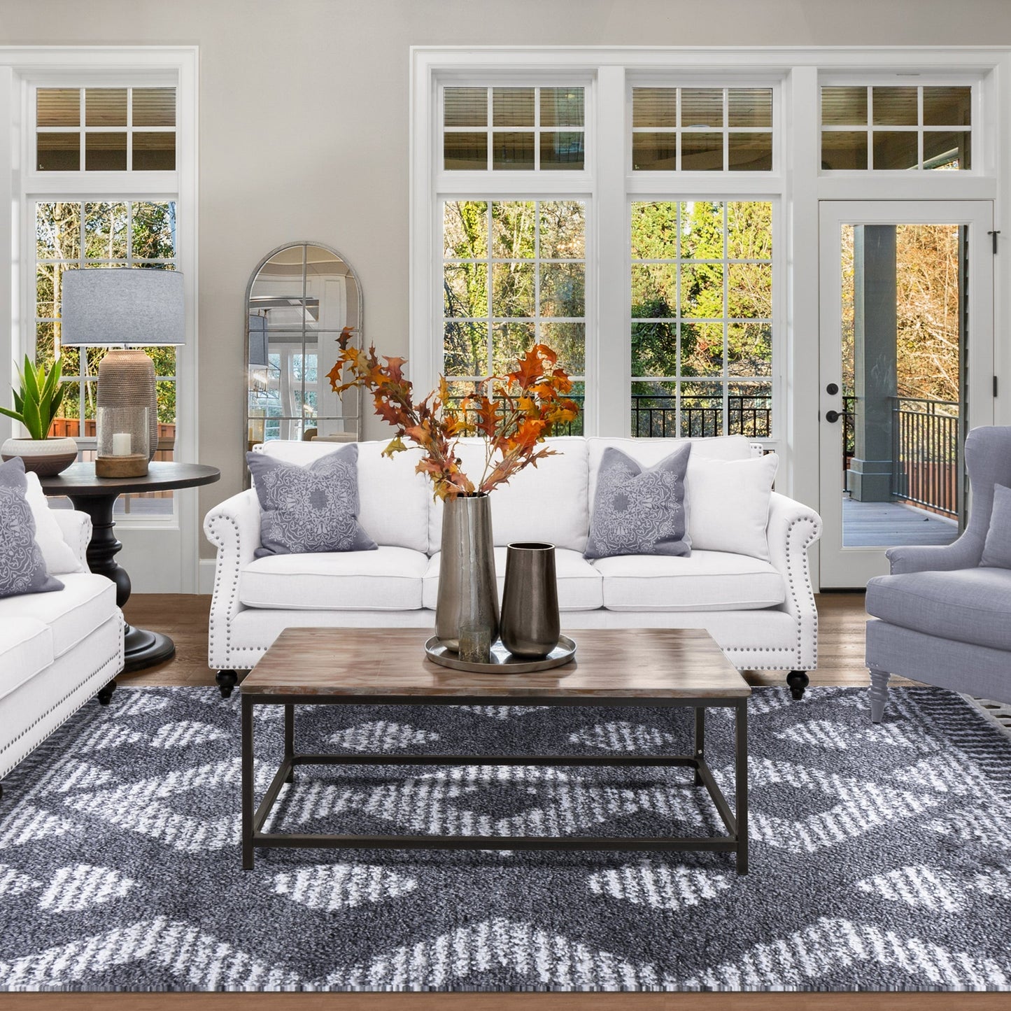 Superior Bohemian Geometric Indoor Plush Shag Area Rug with Tassels - Cream-Black