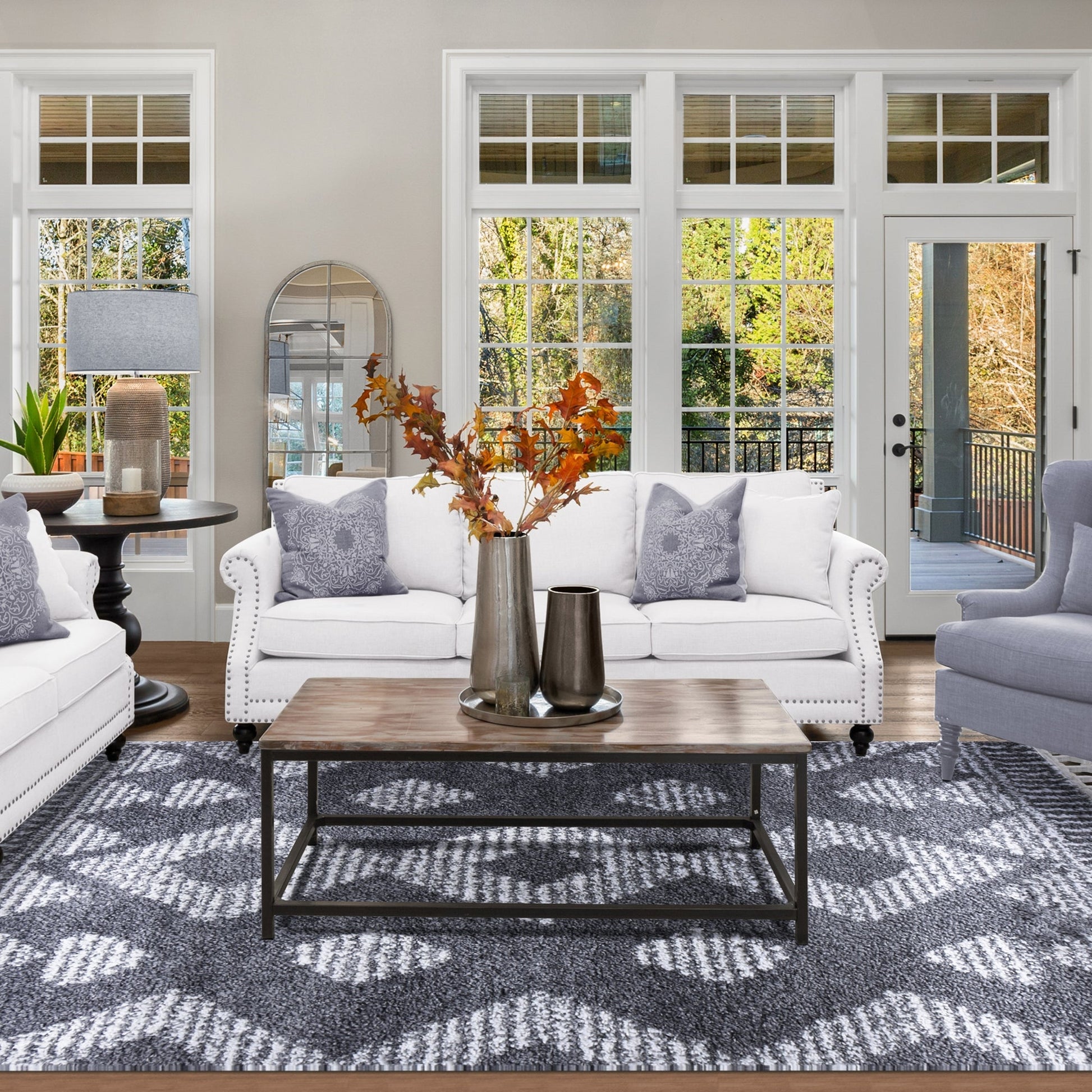 Superior Bohemian Geometric Indoor Plush Shag Area Rug with Tassels - Cream-Black