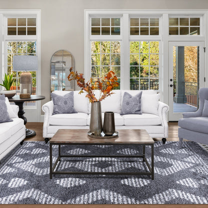 Superior Bohemian Geometric Indoor Plush Shag Area Rug with Tassels - Cream-Black