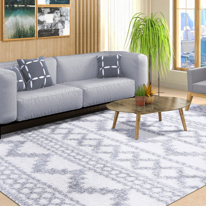 Superior Geometric Bohemian Indoor Plush Shag Area Rug - Cream-Grey