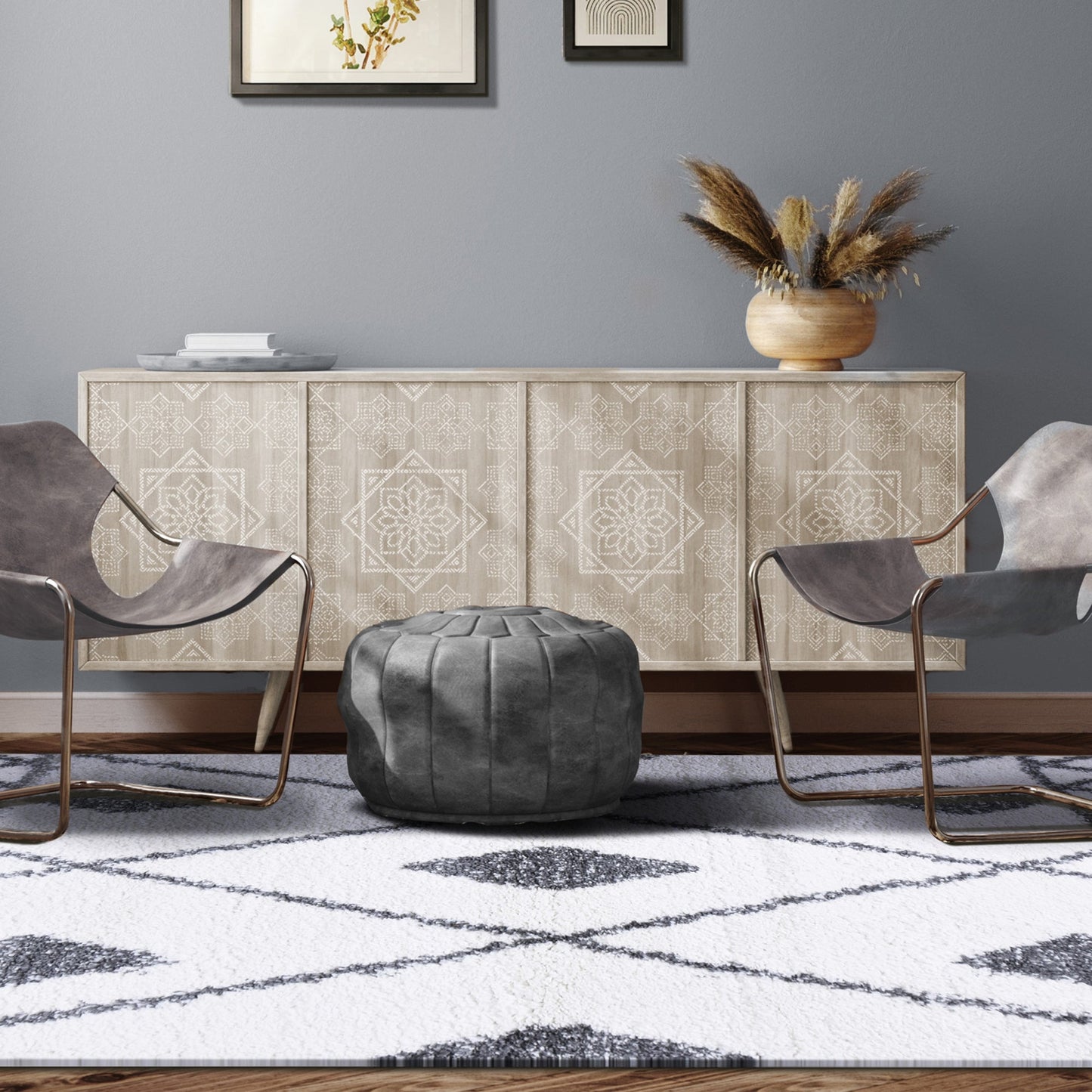 Superior Boho Tribal Geometric Indoor Shag Area Rug with Tassels -  Cream-Grey
