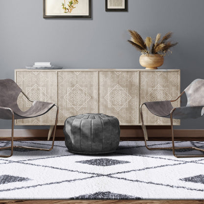 Superior Boho Tribal Geometric Indoor Shag Area Rug with Tassels -  Cream-Grey