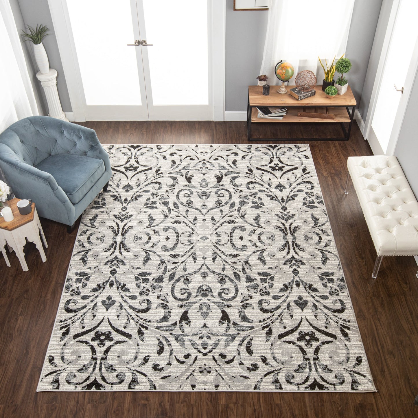 Superior Lovina Classic Scrolling Vine Indoor Area Rug  - Platinum