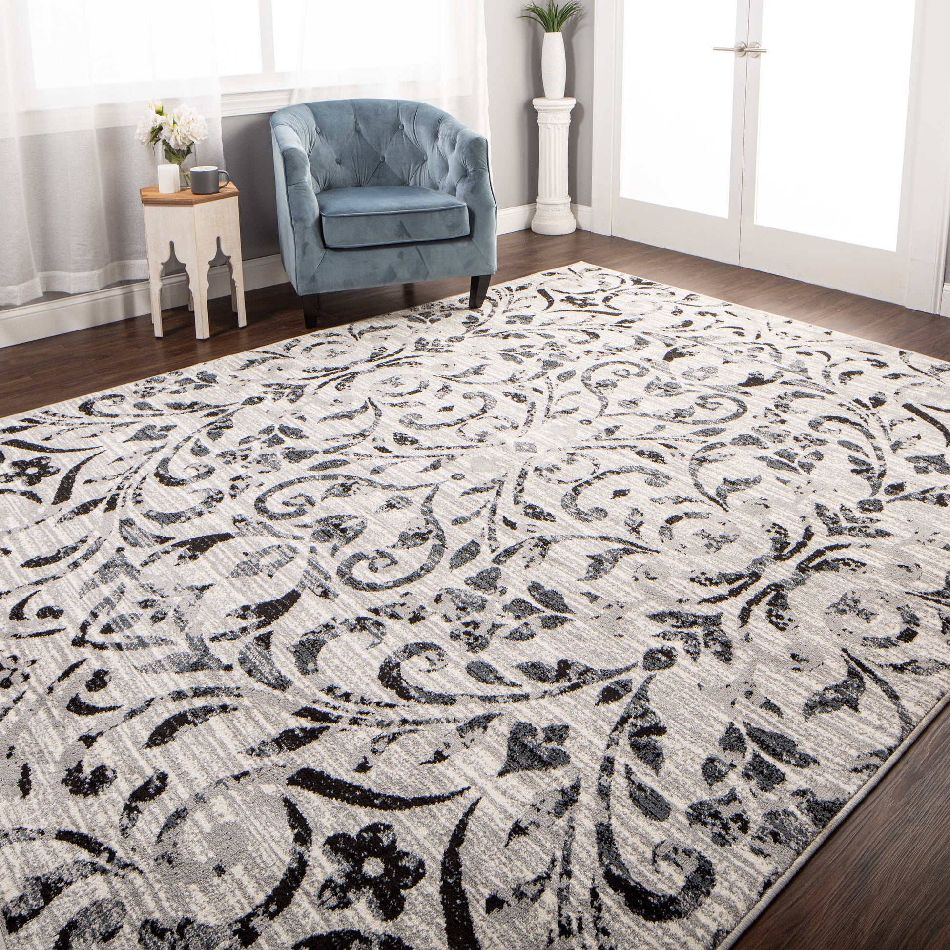 Superior Lovina Classic Scrolling Vine Indoor Area Rug  - Platinum