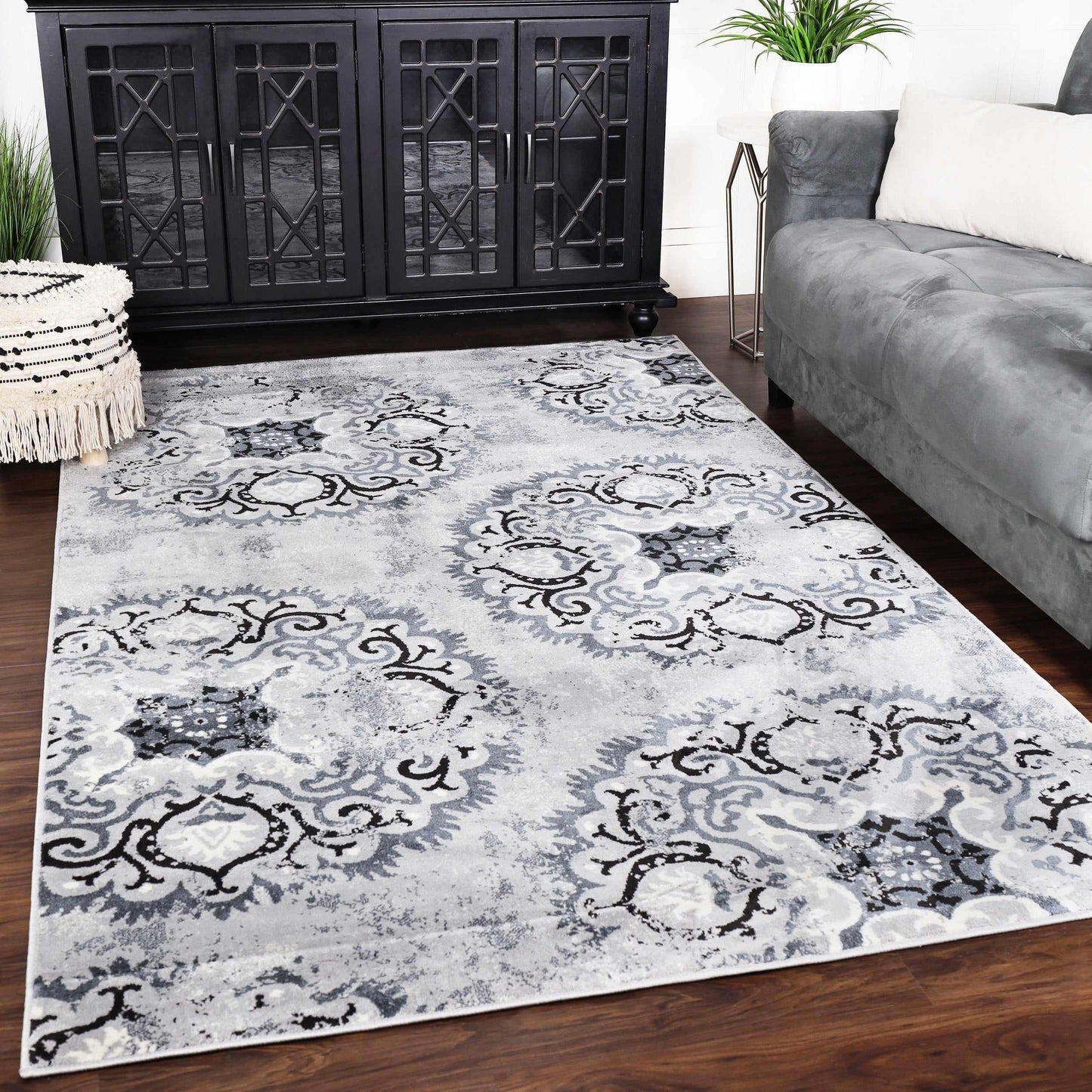 Superior Modern Distressed Medallion Indoor Area or Runner Rug - Platinum