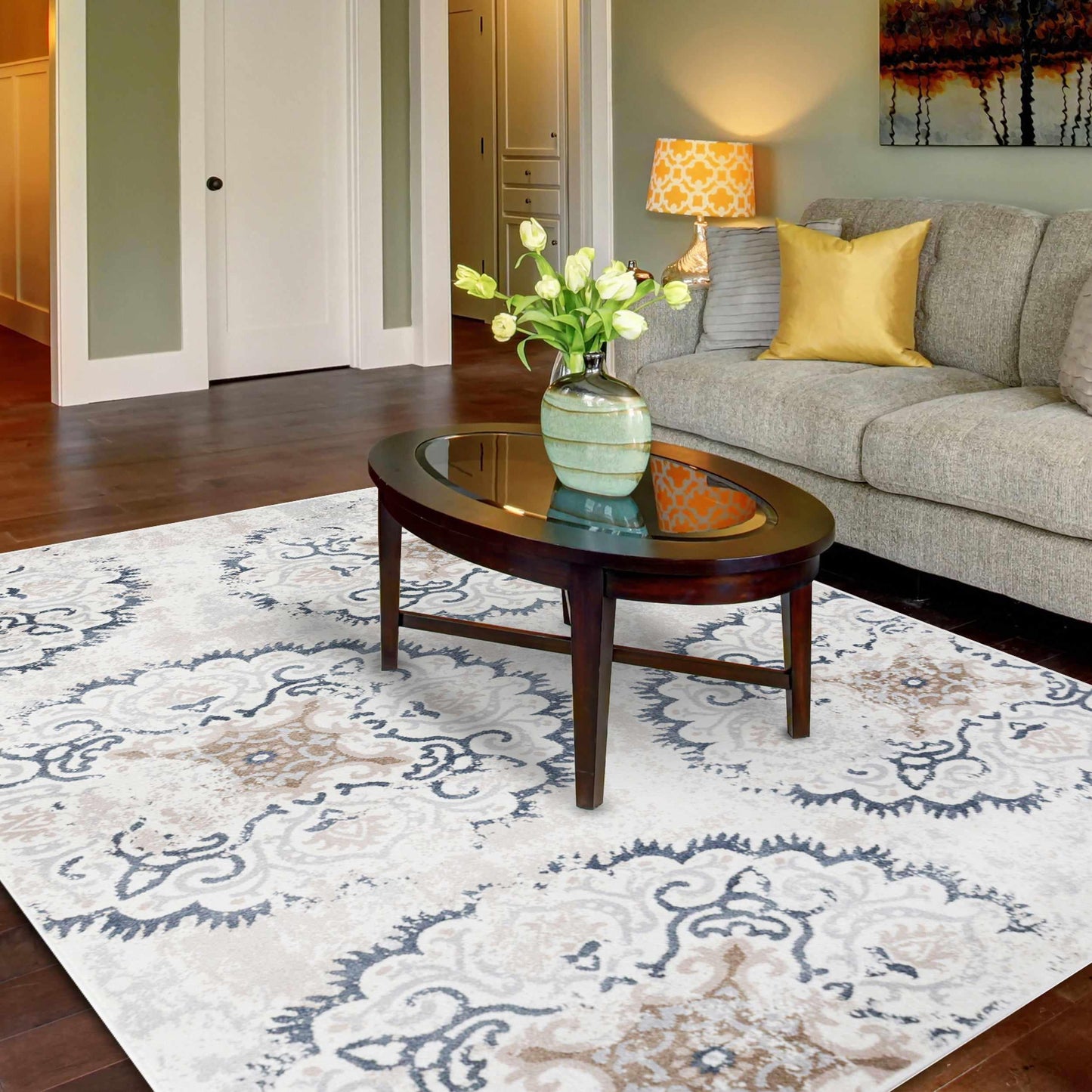Superior Modern Distressed Medallion Indoor Area or Runner Rug - Platinum