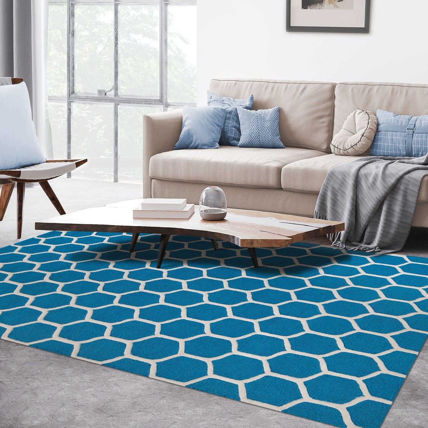  Superior Honeycomb Modern Geometric Hand Tufted Wool Area Rug - Teal/Ivory