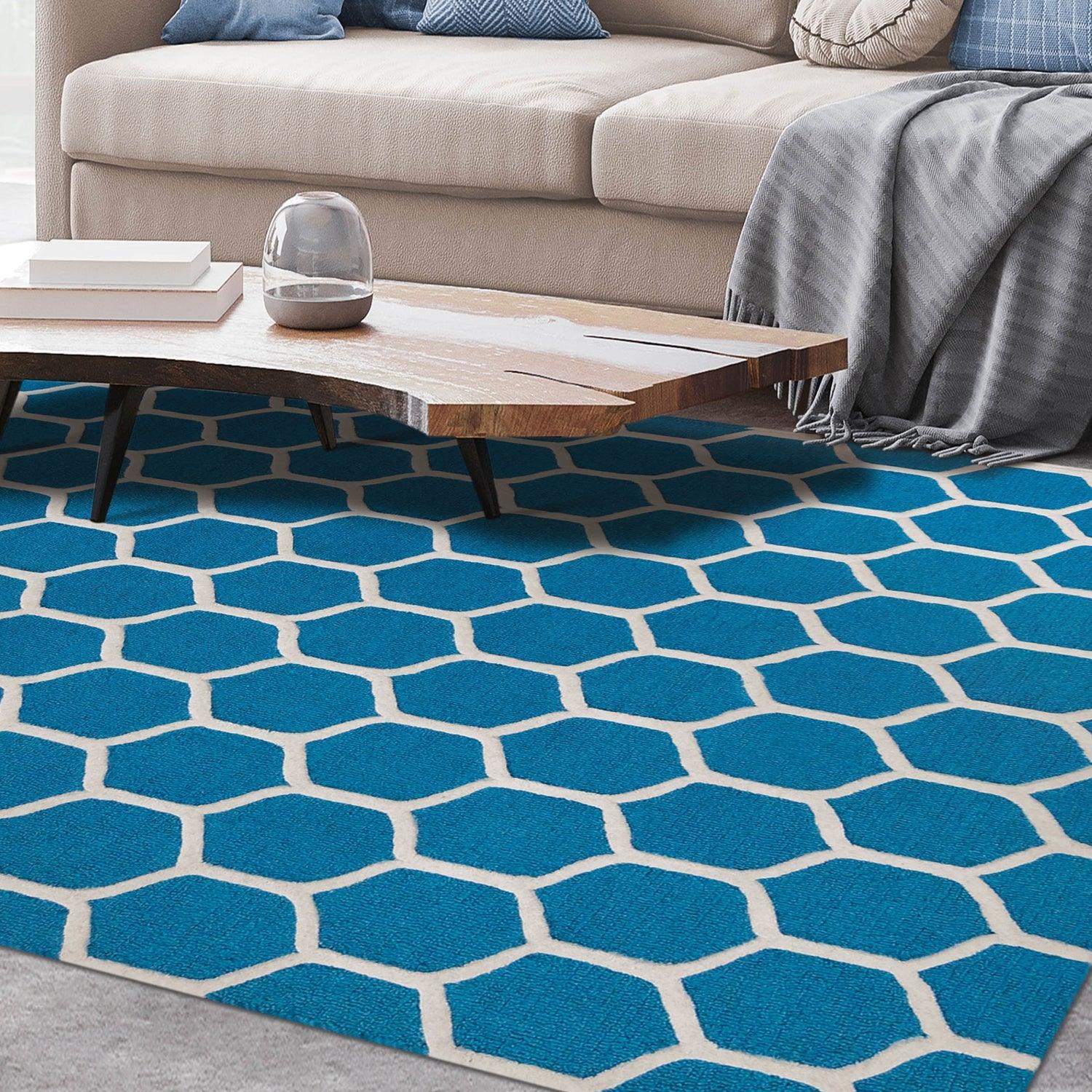  Superior Honeycomb Modern Geometric Hand Tufted Wool Area Rug - Teal/Ivory