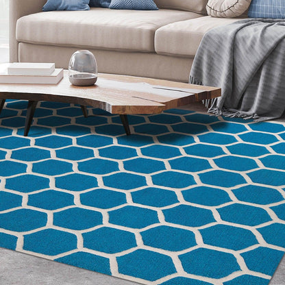  Superior Honeycomb Modern Geometric Hand Tufted Wool Area Rug - Teal/Ivory