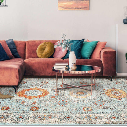 Idalia Distressed Floral Medallion Contemporary Area Rug - LightBlue