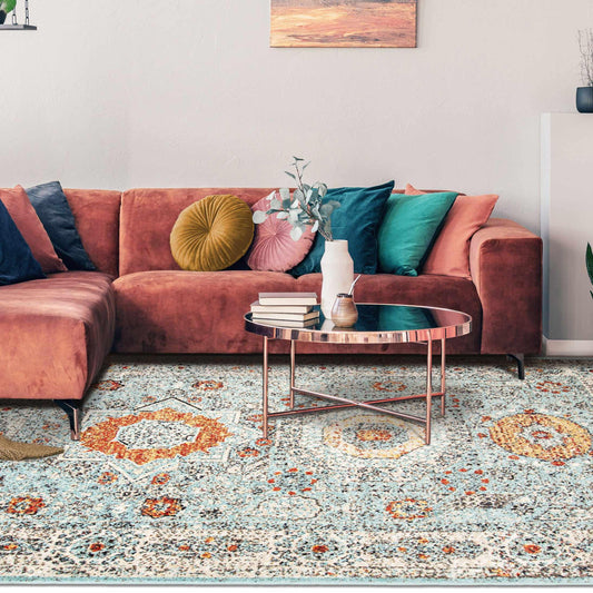 Idalia Distressed Floral Medallion Contemporary Area Rug - LightBlue