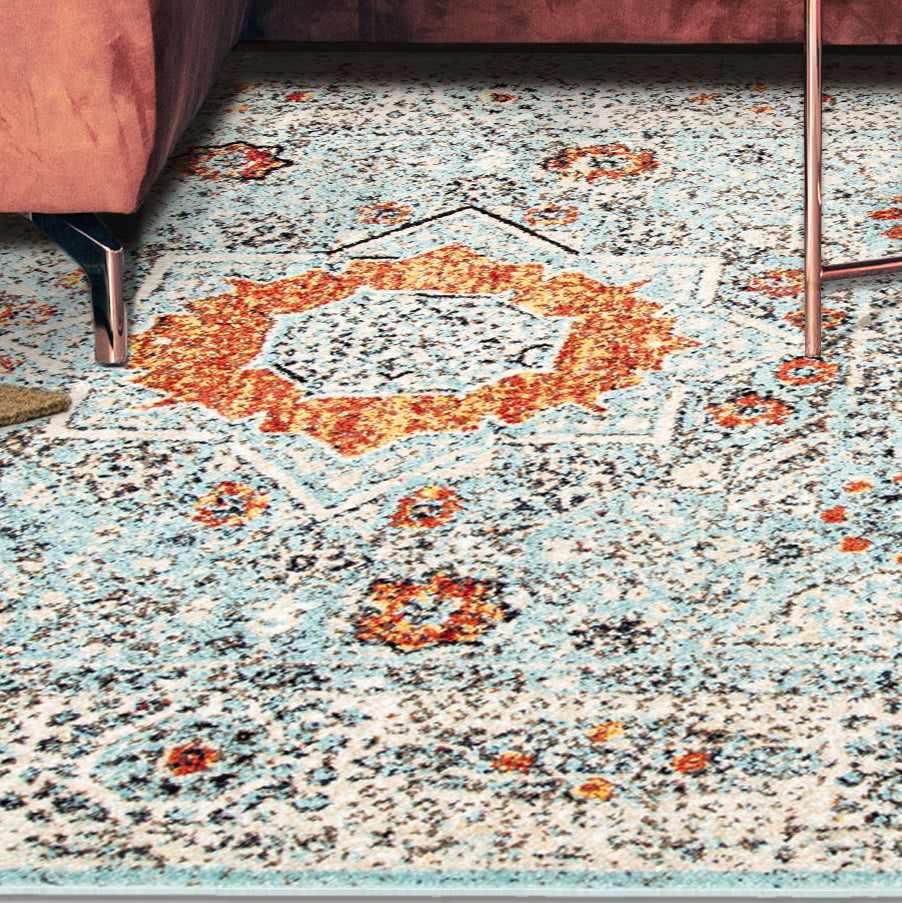 Idalia Distressed Floral Medallion Contemporary Area Rug - LightBlue