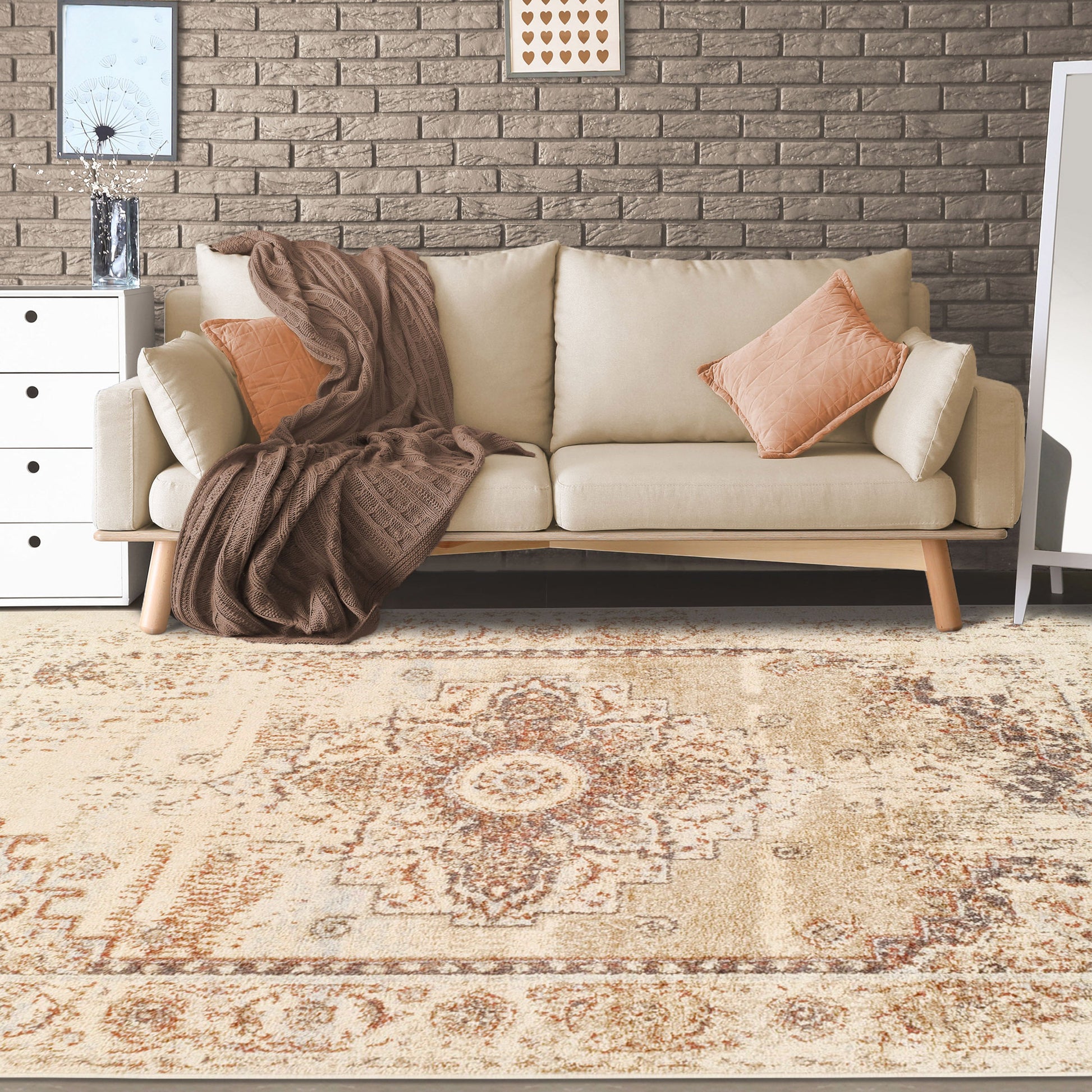  Superior Jaxon Heavily Distressed Medallion Area Rug - Cream