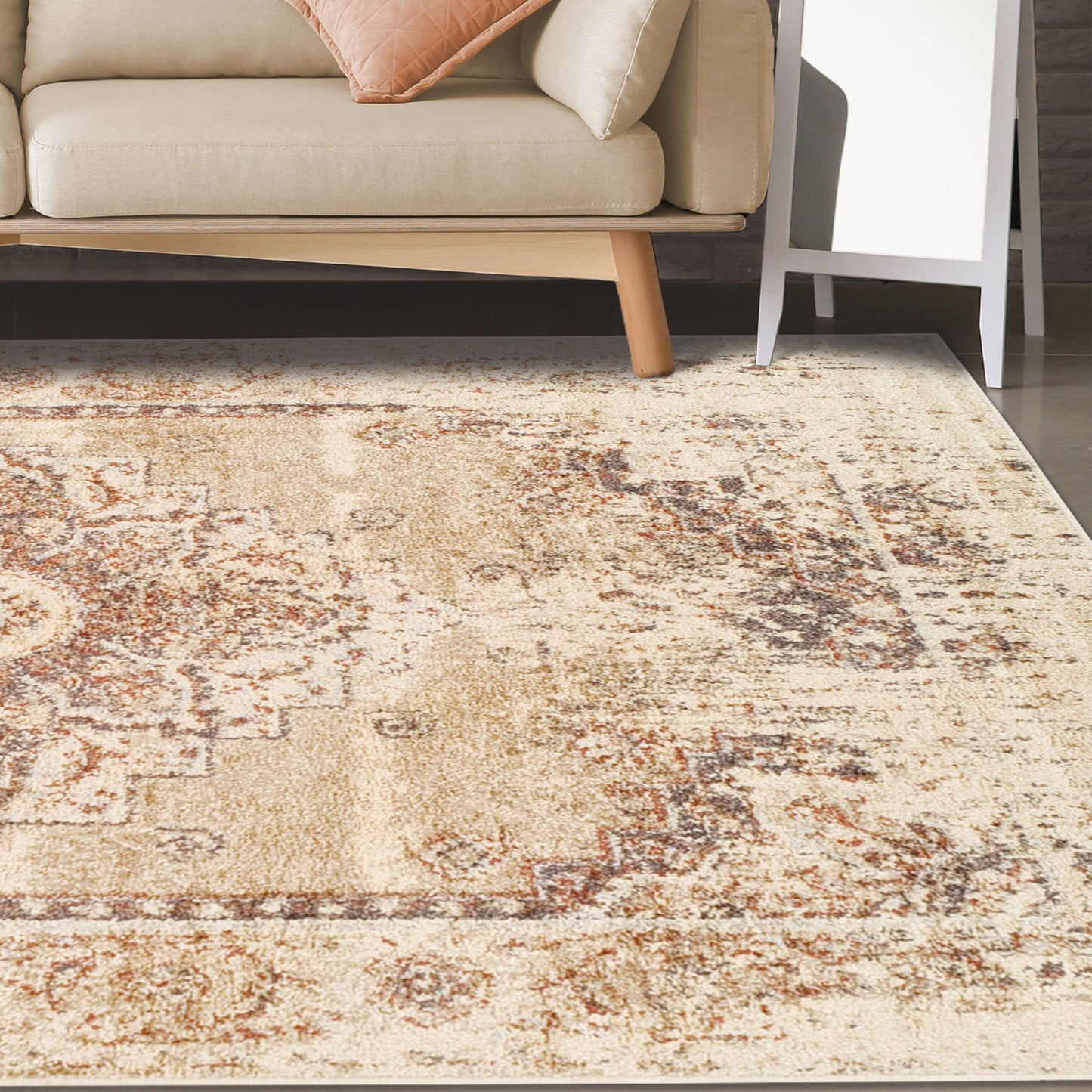  Superior Jaxon Heavily Distressed Medallion Area Rug - Cream