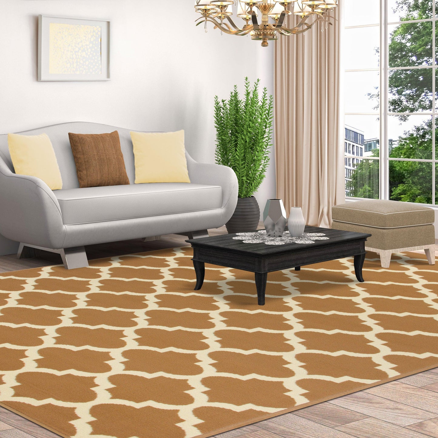  Superior Modern Quatrefoil Geometric Lattice Indoor Area Rug - Camel