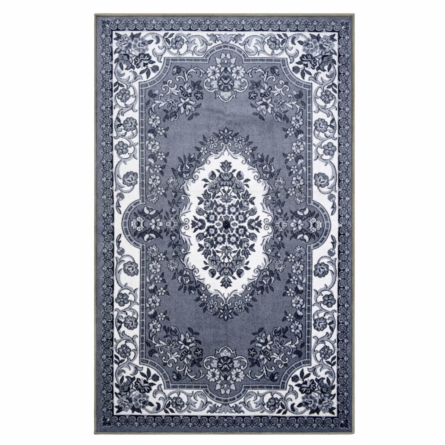 Seraphina Traditional Floral Non-Slip Indoor Area Rug Or Runner Rug Or Door Mat - Black-White