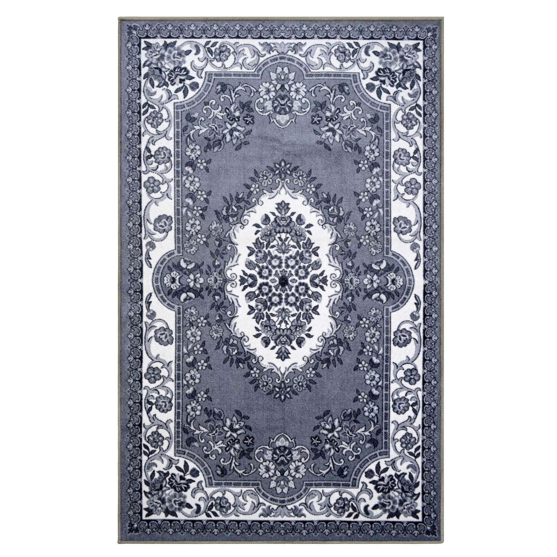  Seraphina Traditional Floral Non-Slip Indoor Area Rug Or Runner Rug Or Door Mat - Black-White