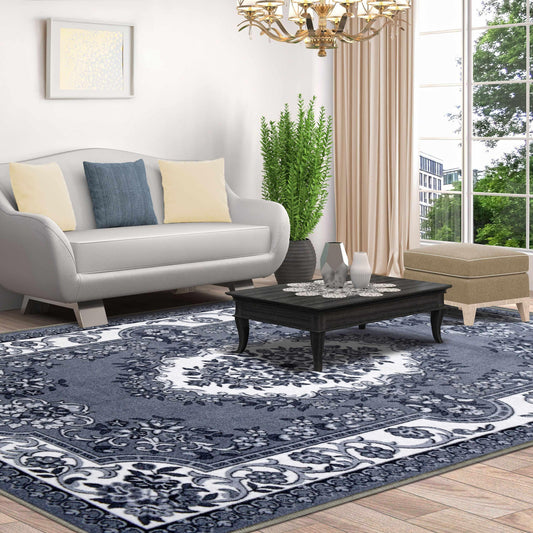  Seraphina Traditional Floral Non-Slip Indoor Area Rug Or Runner Rug Or Door Mat - Black-White