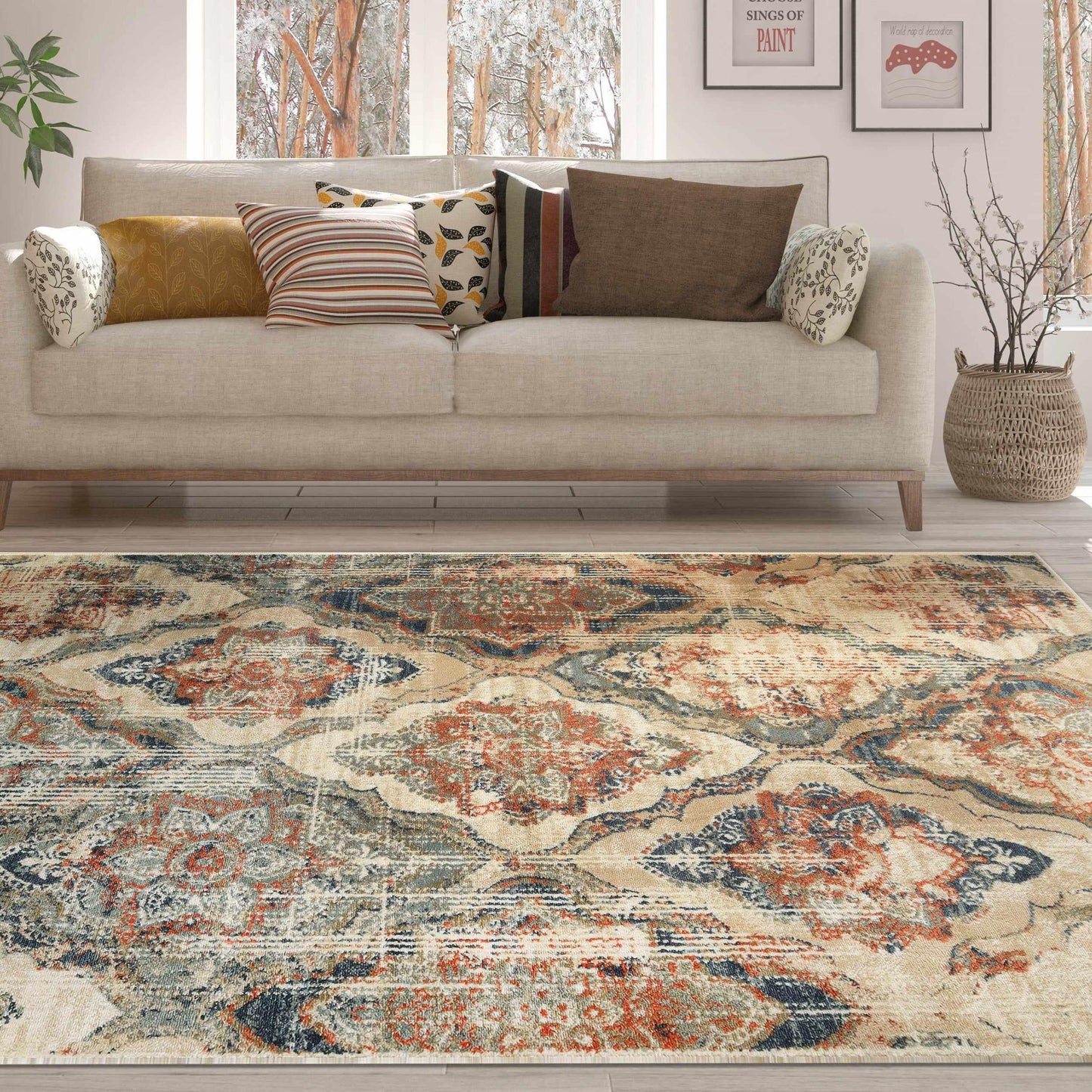 Vintage Distressed Diamond Trellis Indoor Home Area Rug Collection - Blue