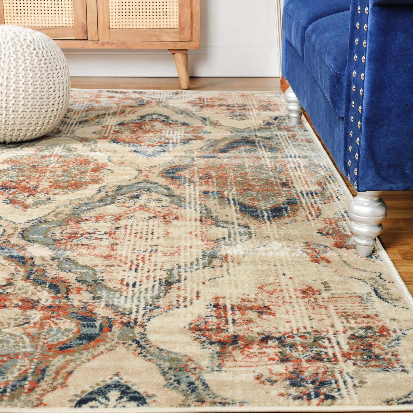  Vintage Distressed Diamond Trellis Indoor Home Area Rug Collection - Blue