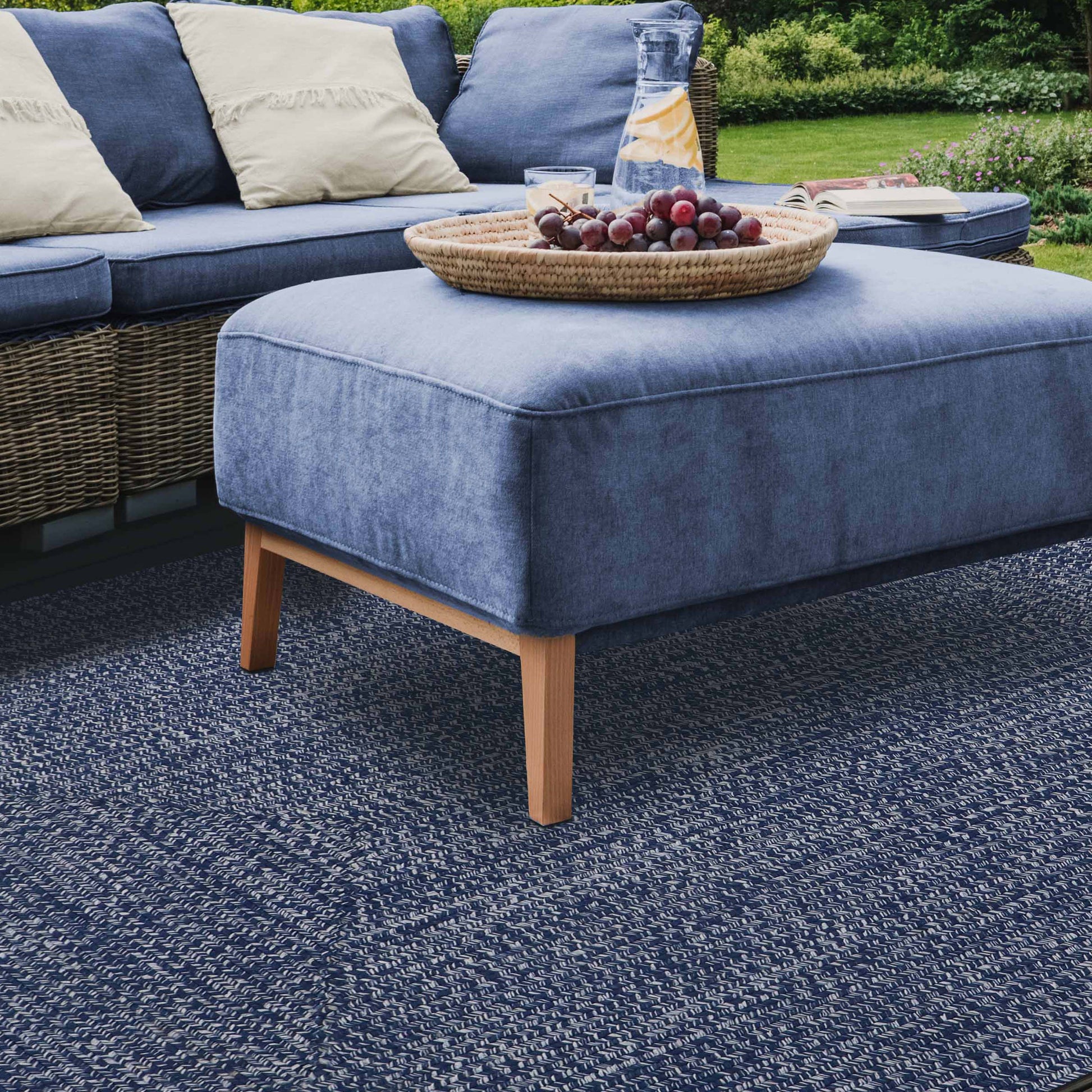 Multi Toned Braided Area Rug Bohemian Indoor Outdoor Rugs - DenimBlue-White