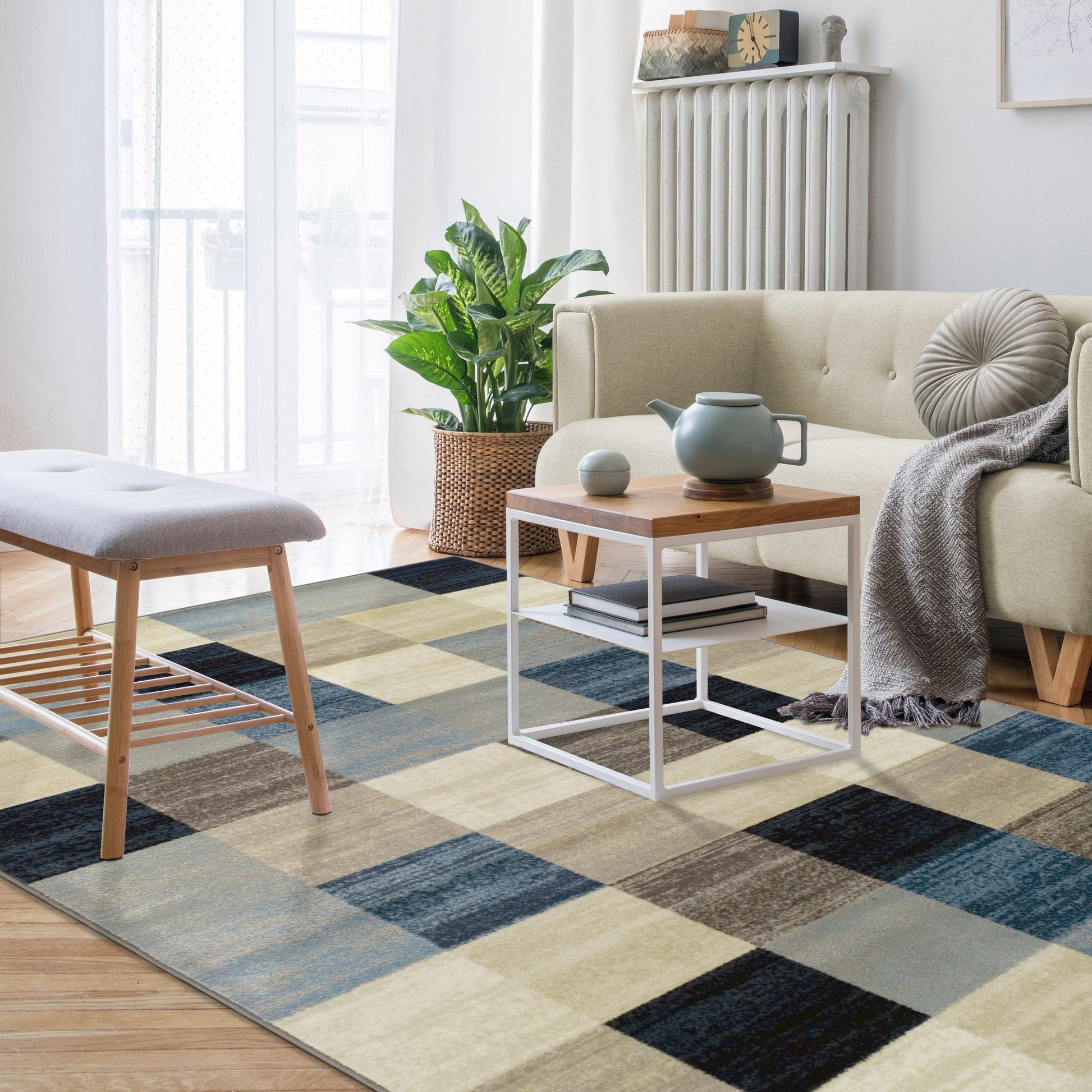 Superior Rockaway Geometric Checkered Rivulet Transitional Area Rug - Majolica Blue