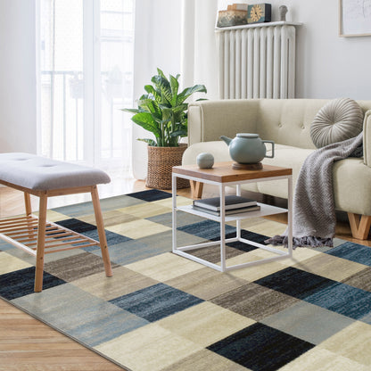Superior Rockaway Geometric Checkered Rivulet Transitional Area Rug - Majolica Blue