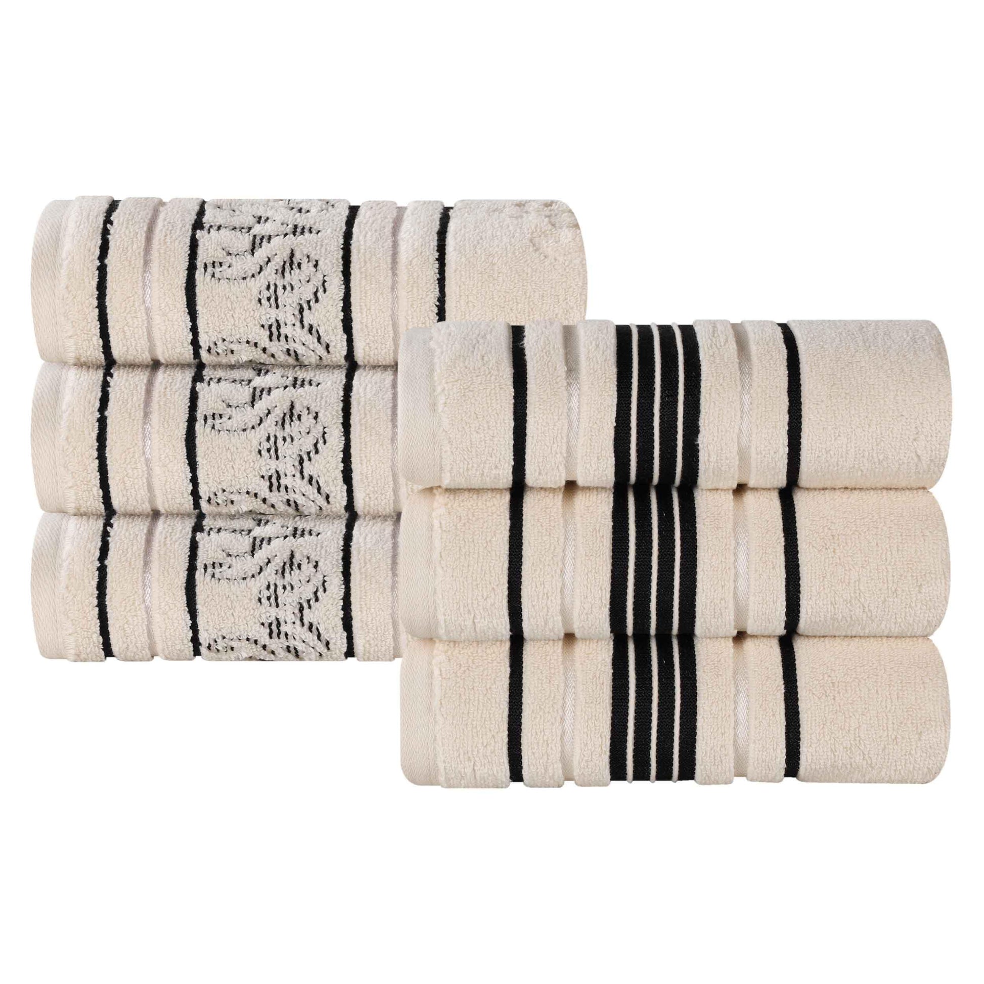 Sadie Zero Twist Cotton Floral Solid and Jacquard Hand Towel Set of 6 - Ivory