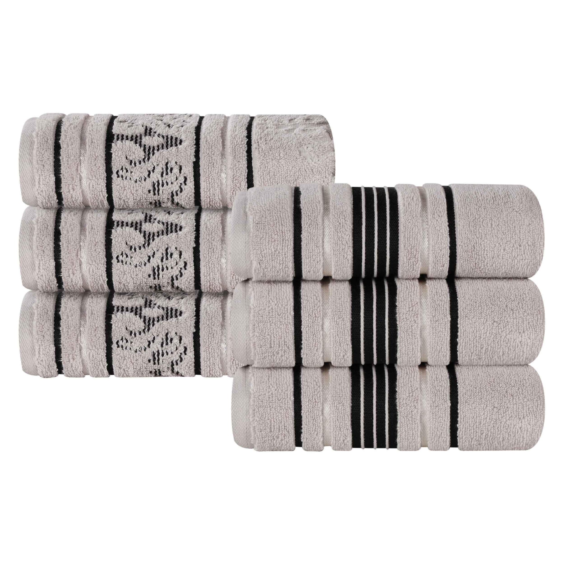 Sadie Zero Twist Cotton Floral Solid and Jacquard Hand Towel Set of 6 - Platinum