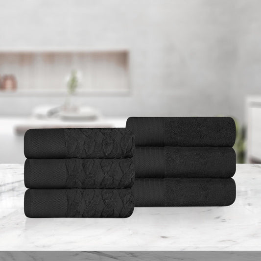 Premium Turkish Cotton Jacquard Herringbone and Solid 6-Piece Hand Towel Set - Black