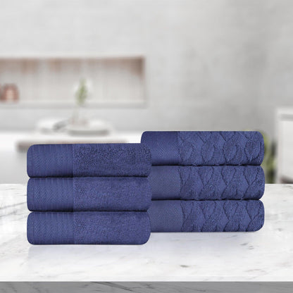 Premium Turkish Cotton Jacquard Herringbone and Solid 6-Piece Hand Towel Set - Navy Blue