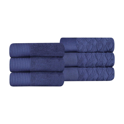 Premium Turkish Cotton Jacquard Herringbone and Solid 6-Piece Hand Towel Set - Navy Blue