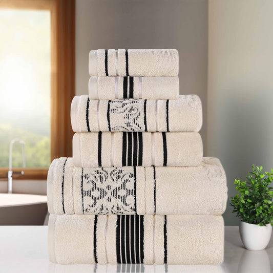 Sadie Zero Twist Cotton Floral Solid and Jacquard 6 Piece Towel Set - Ivory