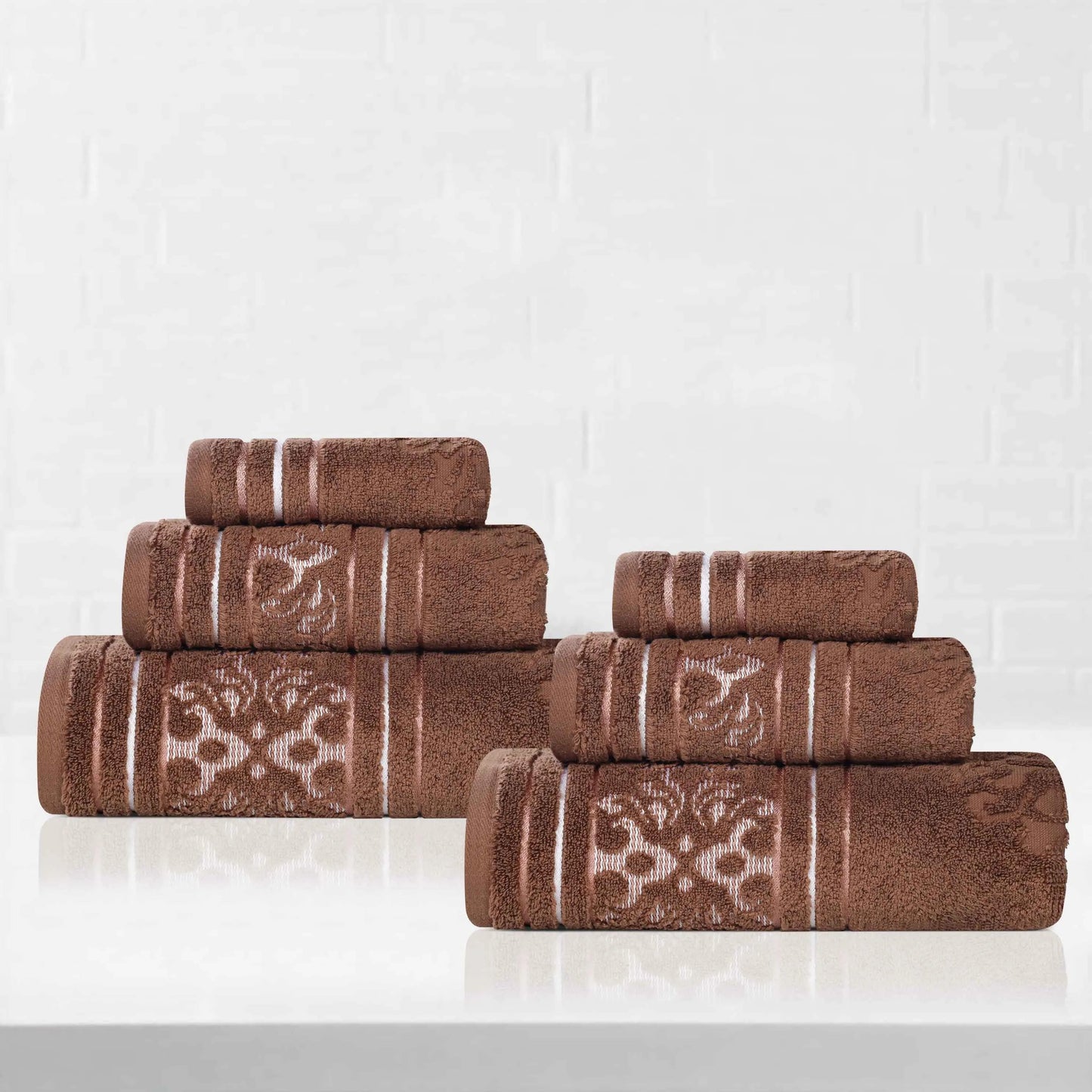Sadie Zero Twist Cotton Elegant Floral Motif Absorbent Jacquard 6 Piece Towel Set