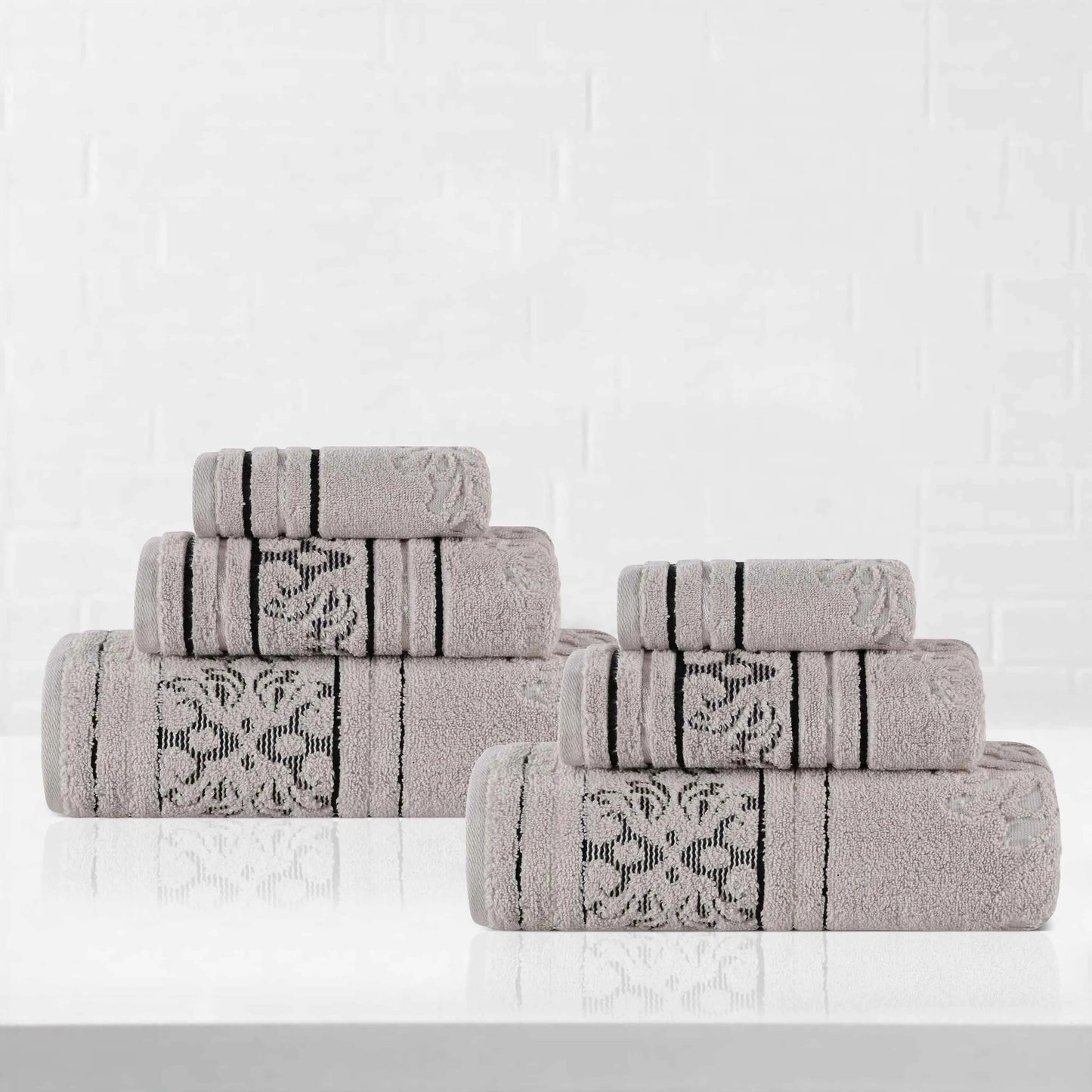 Sadie Zero Twist Cotton Elegant Floral Motif Absorbent Jacquard 6 Piece Towel Set