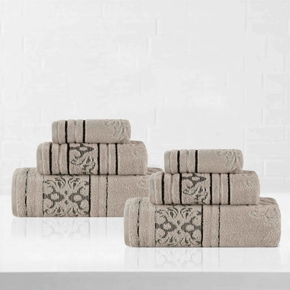 Sadie Zero Twist Cotton Elegant Floral Motif Absorbent Jacquard 6 Piece Towel Set
