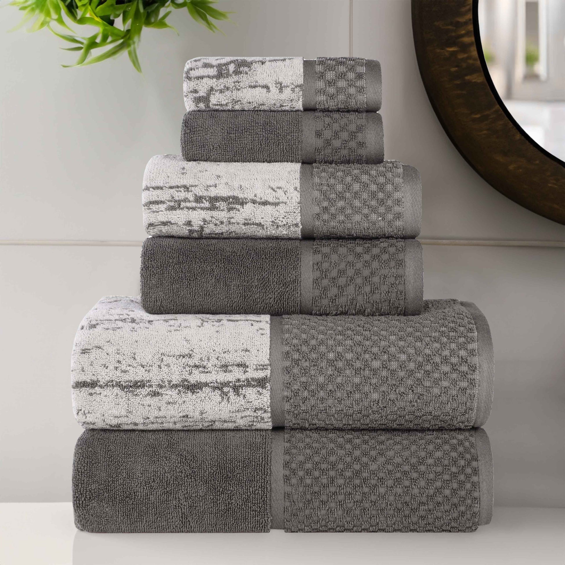 Lodie Cotton Jacquard Solid and Two-Toned 6 Piece Assorted Towel Set - Charcoal-Ivory