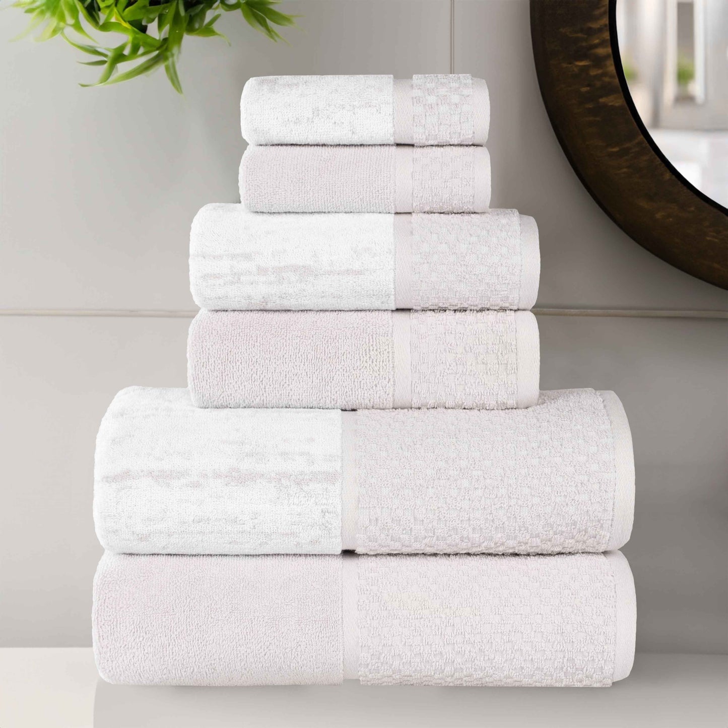 Lodie Cotton Jacquard Solid and Two-Toned 6 Piece Assorted Towel Set - Stone-White