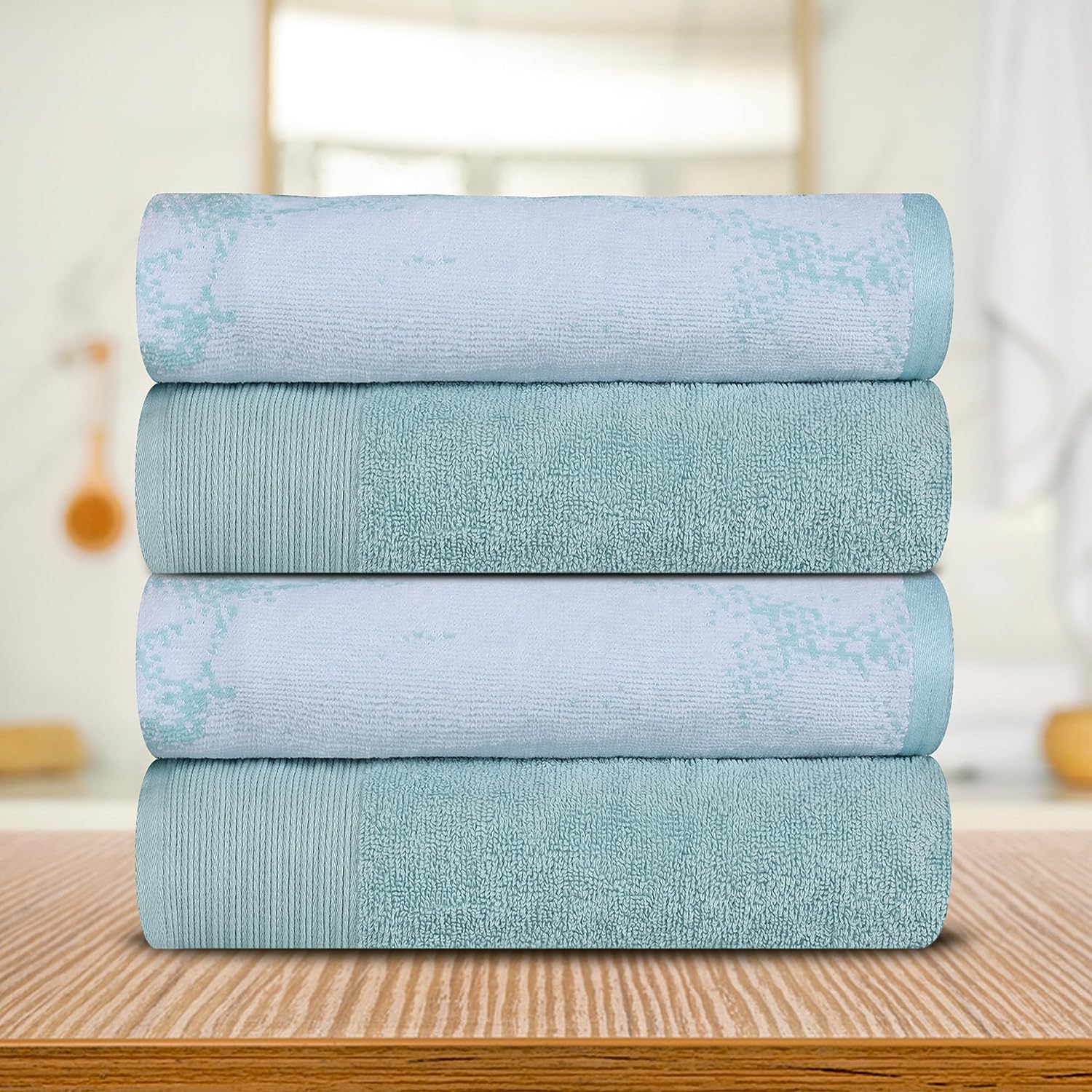 Superior Cotton Medium Weight Marble Solid Jacquard Border Bath Towels (Set of 4) - Teal 