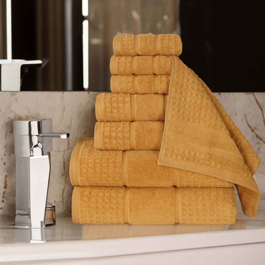 Zero Twist Cotton Waffle Honeycomb Plush Absorbent 8 Piece Towel Set - Gold