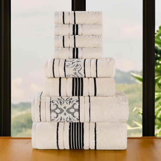 Sadie Zero Twist Cotton Floral Solid and Jacquard 8 Piece Towel Set - Ivory