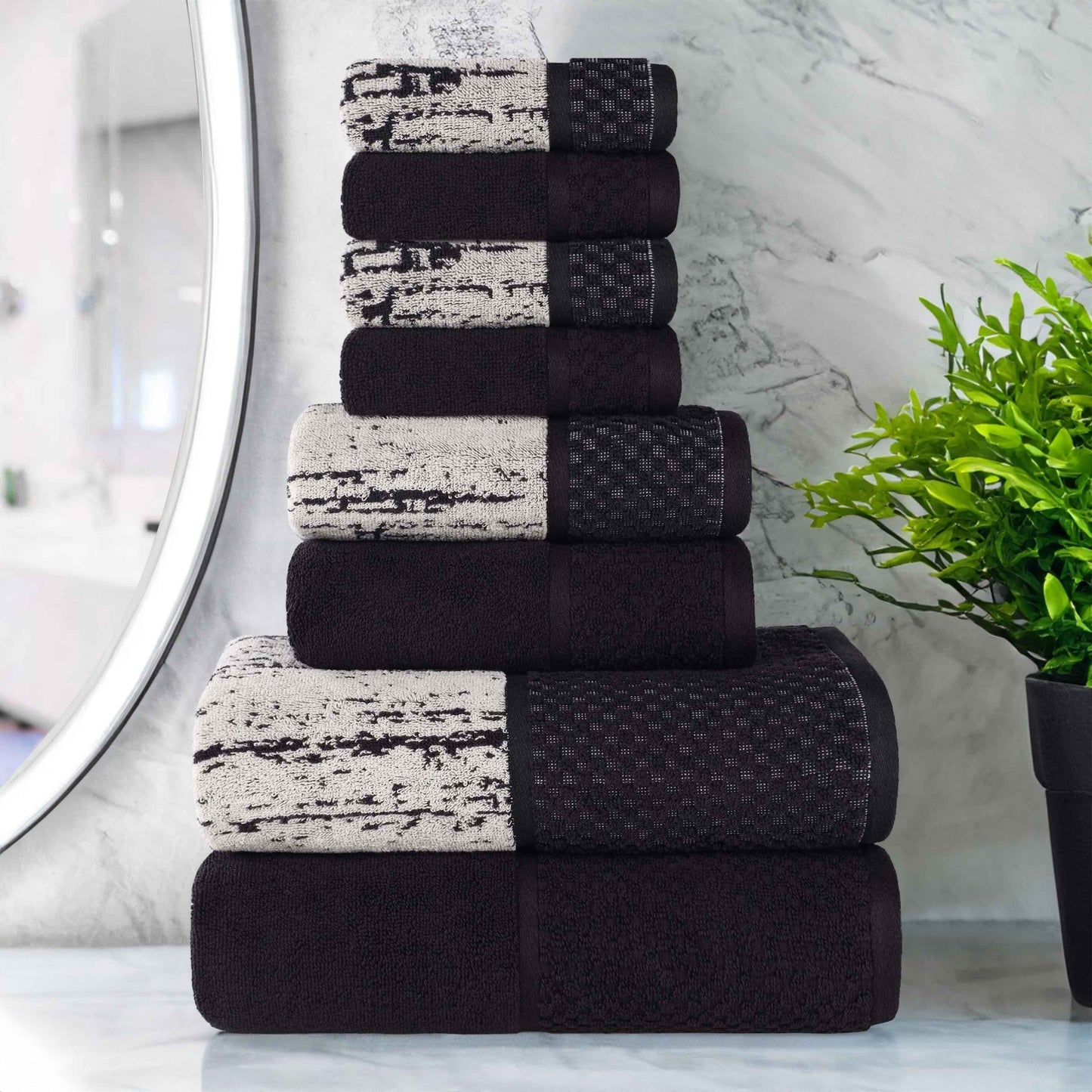 Lodie Cotton Jacquard Solid and Two-Toned 8 Piece Assorted Towel Set - Black-Ivory