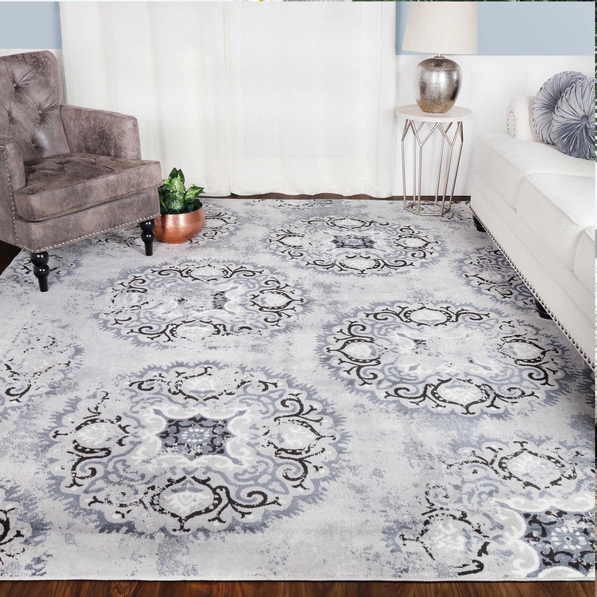 Superior Modern Distressed Medallion Indoor Area or Runner Rug - Platinum